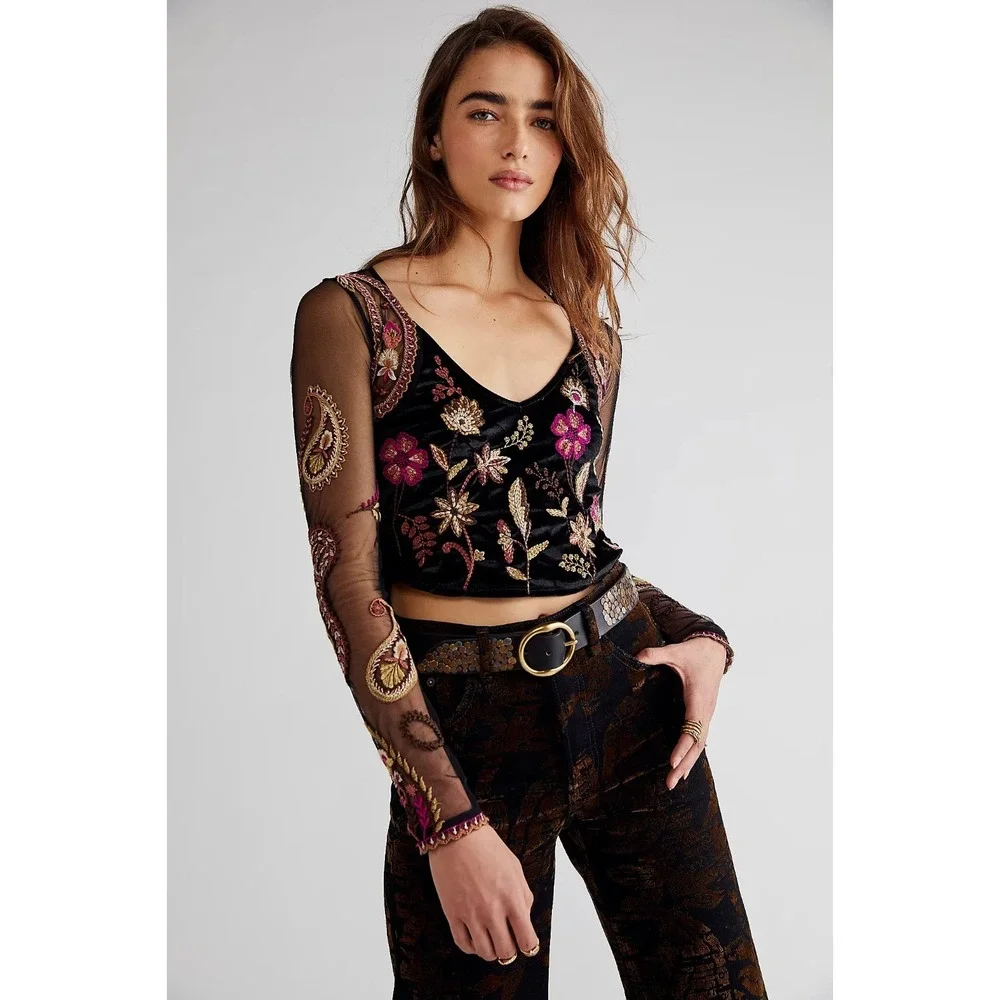 Free People Velvet Florence Embroidered Mesh Long Sleeve Top In Black Size S